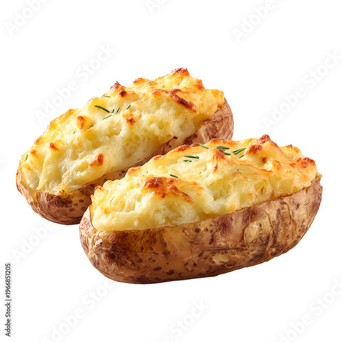 Twice baked potatoes, isolated on white background, realistic, studio lighting, centered, no shadow, transparent background