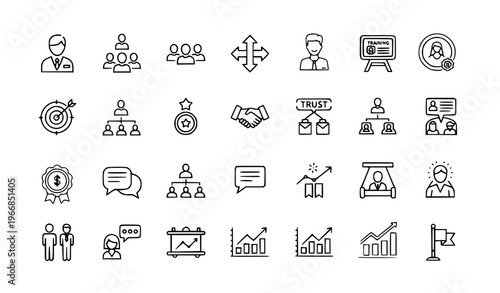 Leadership line icon set with management teamwork mentoring and business strategy symbols editable stroke vector