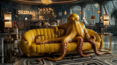 Octopus Relaxing on Yellow Sofa in Retro Nautical Lounge, Surreal Interior