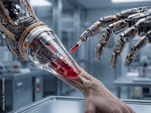 Cyborg Arm Injection in Futuristic Laboratory by Robotic Hand