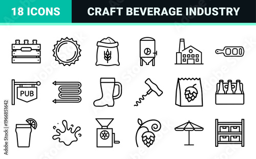 Ultra-minimalist monoline brewery icons featuring craft beer mugs, bottles, and hop plants in a refined geometric line art aesthetic for UI design.