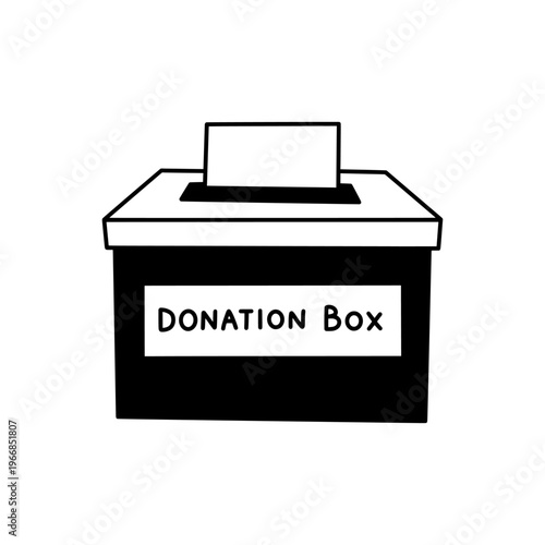 Donation box icon with paper slot. Charity and volunteering concept vector illustration. Black hand drawn donation box silhouette, isolated on white background.