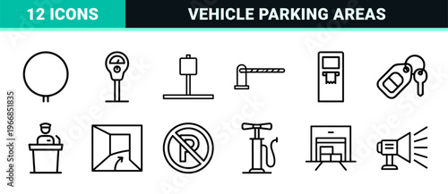 Urban Parking and Transit Infrastructure Monoline Outlines Featuring Minimalist Vehicle Silhouettes and Wayfinding Signs for Modern Web Design