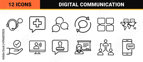 Digital Communication and Customer Support Interface Symbols featuring Ultra-Minimalist Monoline Chat Bubbles and Service Personnel Outlines.