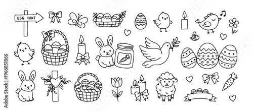 Hand drawn Easter doodle set featuring cute bunnies, decorated eggs in baskets, spring flowers, chicks, and religious symbols like cross and dove. Black outline hand drawn vector Easter illustrations.