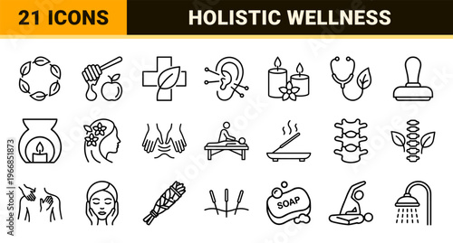 Holistic Wellness and Naturopathy Line Art: Ultra-minimalist monoline symbols for alternative medicine, spa therapy, and organic health branding.