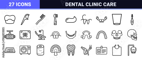 Dental Care and Oral Hygiene Ultra-Minimalist Monoline Icon Set featuring Teeth, Orthodontics, and Stomatology Equipment in Geometric Line Art.