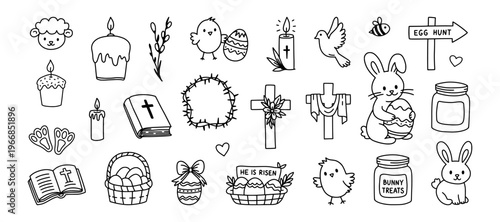 Religious and festive Easter doodle set including holy bible, bunny paw prints, He is Risen banner, and various holiday symbols. Simple black line art hand drawn vector Easter illustrations.