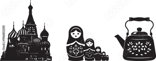 Russian icons, Moscow architecture, Matryoshka doll, floral kettle, black silhouettes isolated on Transparent Background