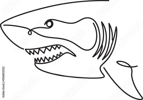 Continuous line art of great white shark head profile vector