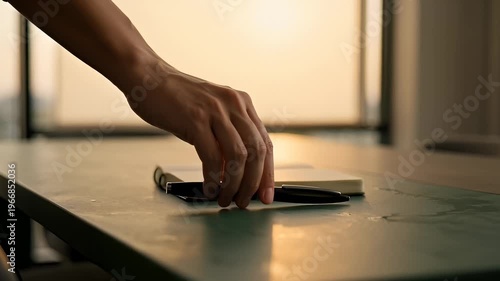 Hand Placing Pen on Open Notebook on Table With Water Drops in Warm Sunlight