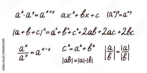 Handwritten mathematical formulas including algebra, exponents, and Pythagorean theorem. Educational scientific background. Chalk, crayon or marker style sketch of math formulas.