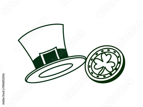 St. Patrick's Day composition with a leprechaun's top hat and a lucky gold coin featuring a shamrock. Hand drawn green outline illustration for Irish holiday celebration and luck concept.
