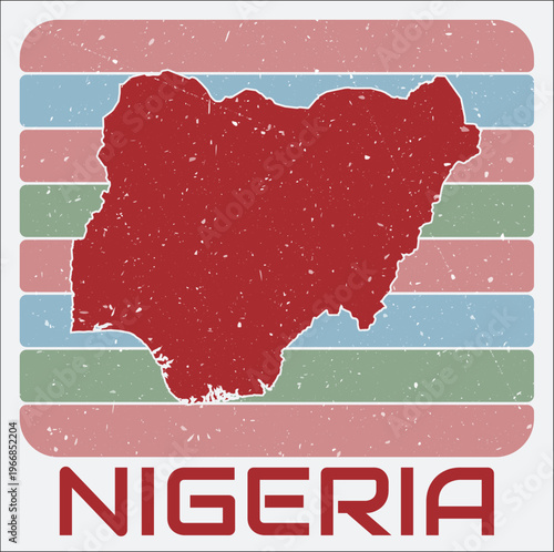 Nigeria vintage logo. Shape of the country on retro colored stripes background. Nigeria map design with grunge scratch texture. Vector illustration.