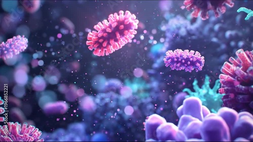 Microscopic view of various biological entities, showcasing vibrant colors and textured surfaces