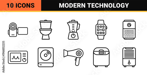 Ultra-Minimalist Consumer Electronics and Smart Home Appliance Monoline Outline Symbols for Modern Digital Interfaces and Technical Documentation.