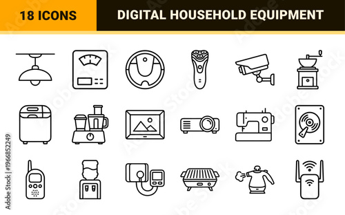 Ultra-Minimalist Monoline Home Appliance and Consumer Electronics Geometric Line Art for Digital Interfaces and Product Design Manuals