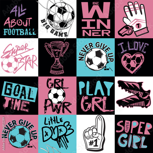 Girls ball pattern. Football soccer pattern. Grunge urban pattern with football ball.  Repeated sport pattern for graphic tees 