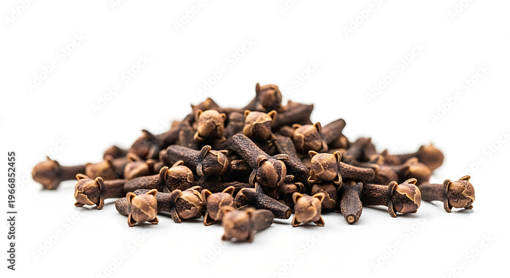 Obraz premium A pile of dried whole cloves, a fragrant spice used in cooking and baking, isolated on a white background.