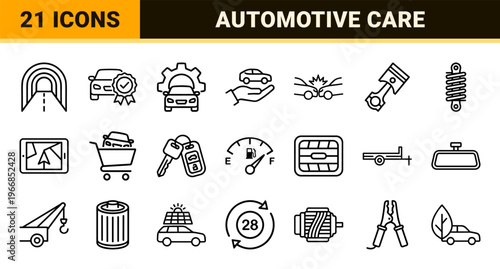Automotive Service and Car Rental Ultra-Minimalist Monoline Outline Icon Set for Navigation, Maintenance, and Electric Vehicle Technology.