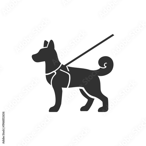 Dog on leash icon. Pet walking and canine control concept. Monochrome black and white symbol