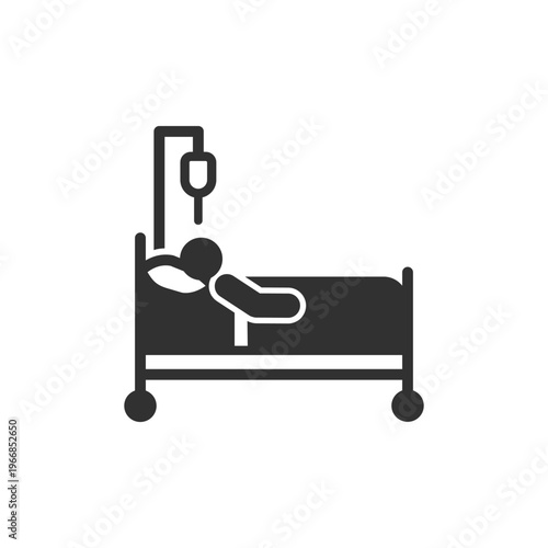 Hospital patient with IV drip icon. Medical treatment and healthcare recovery concept. Monochrome black and white symbol