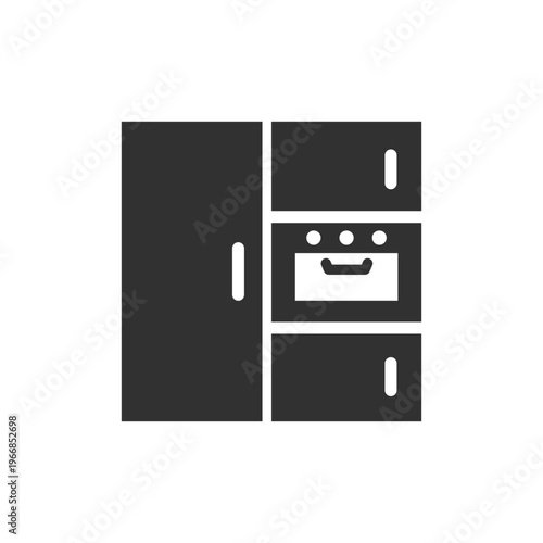 Kitchen furniture set icon. Refrigerator oven and cabinets interior. Monochrome black and white symbol