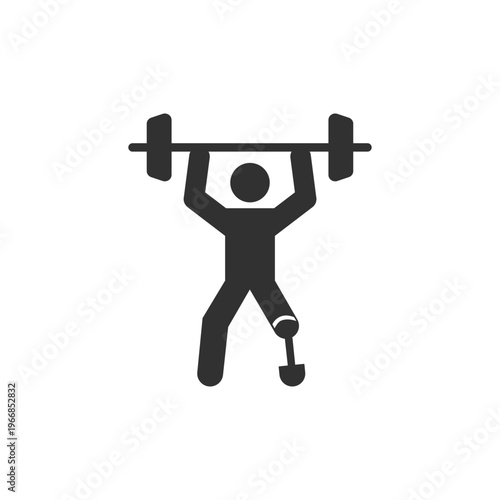 Weightlifting athlete with prosthetic leg icon. Paralympic powerlifting and adaptive sport concept. Monochrome black and white symbol
