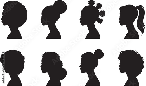 Set of silhouette afro girl. Collection of black woman face with stylized hairstyle. Vector illustration of girl head with stylized haircut