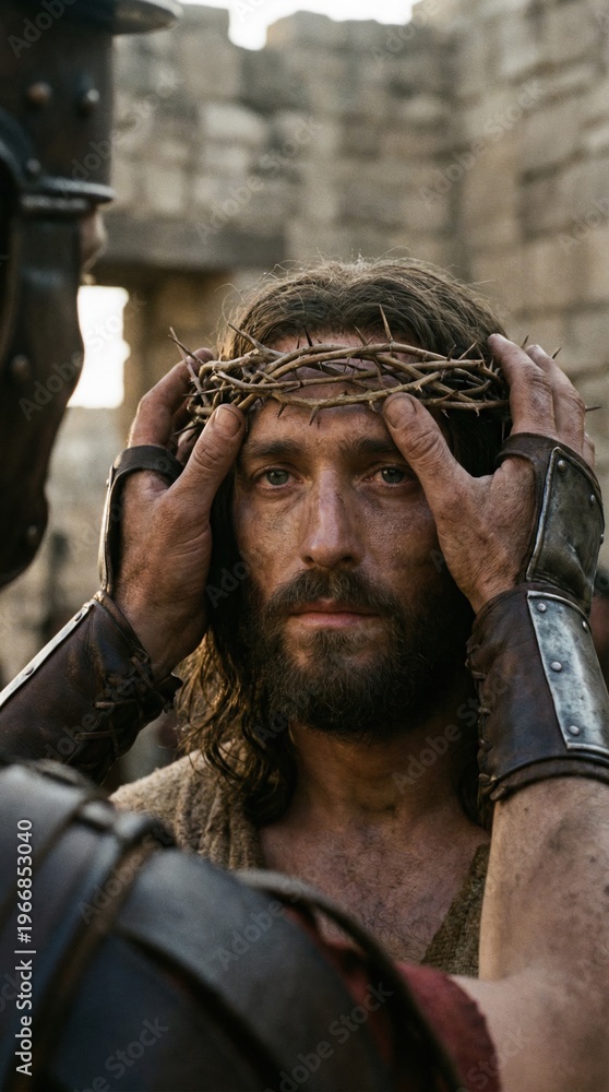 Fototapeta premium Roman soldier placing crown of thorns on head of Jesus Christ. Biblical scene of suffering and mockery before crucifixion. Historical religious depiction of passion of the Lord Christ.