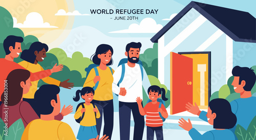 World Refugee Day illustration shows family welcomed by community at new home. June 20th highlights global solidarity, supporting displaced, reflecting World Refugee Day. Promotes humanitarian action,