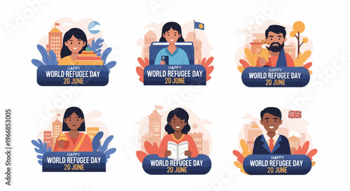World Refugee Day illustrations show diverse people. World Refugee Day banners highlight individuals engaged in various activities. Global World Refugee Day for awareness, advocacy, and support.