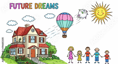 Illustrated future dreams concept showing family, house, hot air balloon. Whimsical future dreams depict aspirations for home ownership, travel, well being.