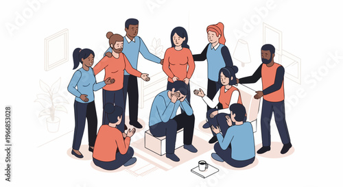 Emotional support offered to sad person by diverse, caring group. Emotional support members provide empathy, listening, fostering healing. Concept emotional support for wellness programs,