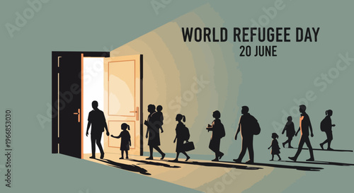 Silhouettes of people, including adults and children, walk towards brightly lit open doorway, symbolizing new beginnings and hope, commemorating World Refugee Day.