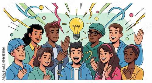 Illustration of diverse creative team celebrating innovative idea with bright lightbulb. Young enthusiastic creative team shows collaboration, shared success, and energetic brainstorming.