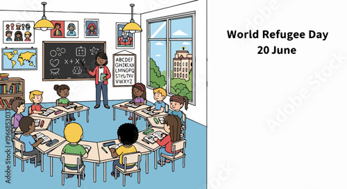 World Refugee Day illustration with diverse children learning in classroom alongside teacher. World Refugee Day scene emphasizing education, integration, and hope for displaced youth.