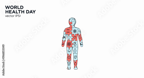 World Health Day graphic illustrating human health and illness within a divided body outline, featuring intricate medical icons on one side and contrasting red disease symbols on other,