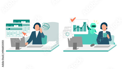 Businesswoman experiencing professional development and productivity through AI data automation by shifting from manual spreadsheet input to efficient workload management