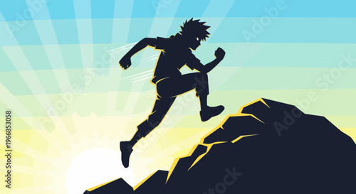 Silhouette of person running uphill with powerful stride, capturing morning sunlight. Person running uphill demonstrates determination, energy, and overcoming obstacles toward achievement.