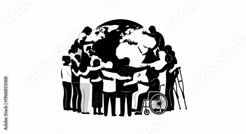 Monochrome graphic shows people demonstrating global unity around Earth. Diverse individuals, including wheelchair user and crutch user, represent global unity, fostering connection.