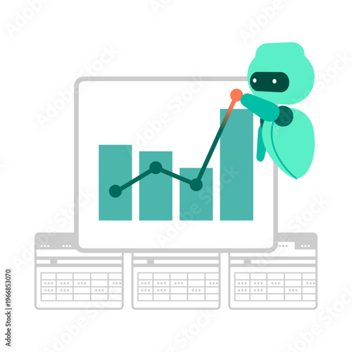 Intelligent AI robot analyzing multiple spreadsheets to derive target values and predictive insights for advanced business strategy and marketing optimization