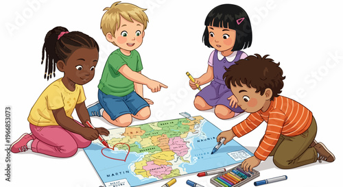 Diverse kids map shows young children learning geography. Students coloring continents with markers; kids map promotes early education and global awareness. Concept kids map for school materials.