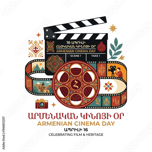 Vector illustration celebrating Armenian Cinema Day with a movie reel, film clapboard, and colorful ornaments, conveying a festive atmosphere with a mix of traditional and modern elements.