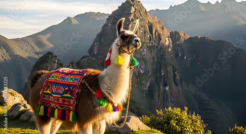 Llama standing in front of mountains.