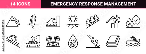 Natural Disaster and Extreme Weather Emergency Response Icons, Ultra-Minimalist Geometric Line Art for Environmental Hazard Management UI