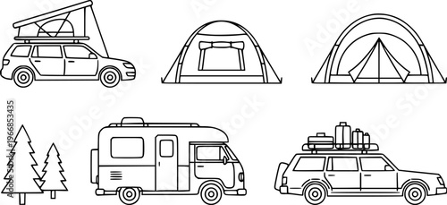 Collection of simple line depicting camping vehicles tents and trees for outdoor adventures