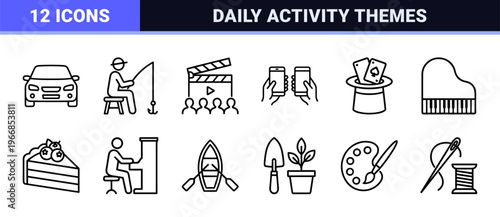 Ultra-minimalist Geometric Hobby and Leisure Line Art Icon Set; Clean Monoline Vector Symbols for Lifestyle, Sports, and Creative Activities.