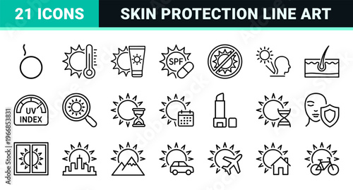 Solar Protection and UV Safety Minimalist Line Art. Professional High-Clarity Geometric Outline Symbols for Dermatology and Skin Care Apps.