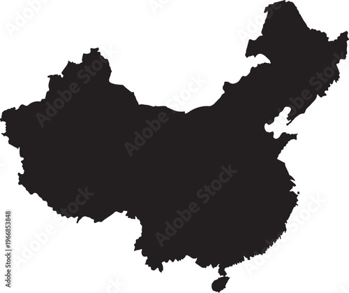 Clean and precise black silhouette of the China map, illustrating the nation's geographical expanse and border